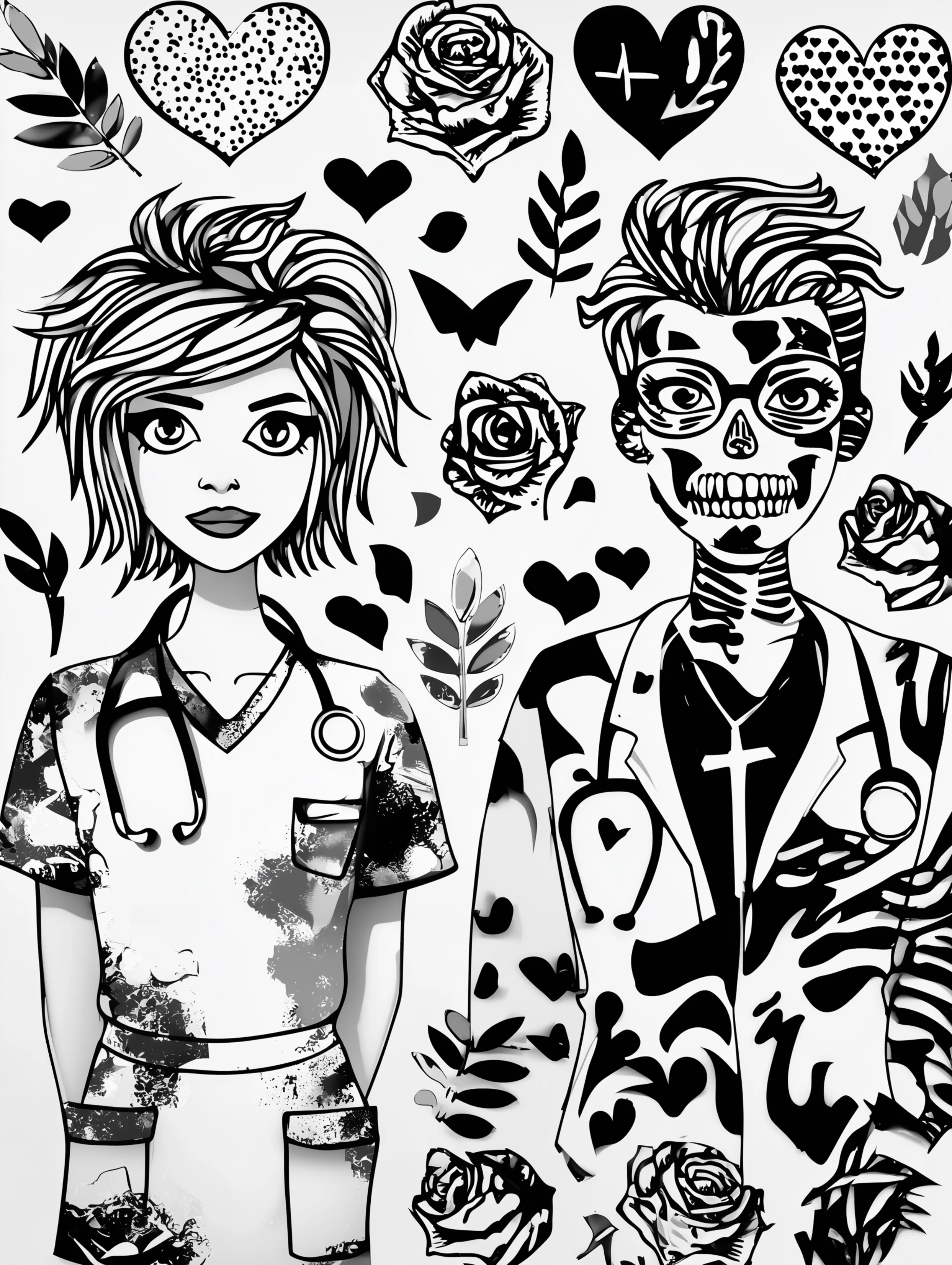 Free printable nursing coloring page for adults featuring an undead figure next to a nurse